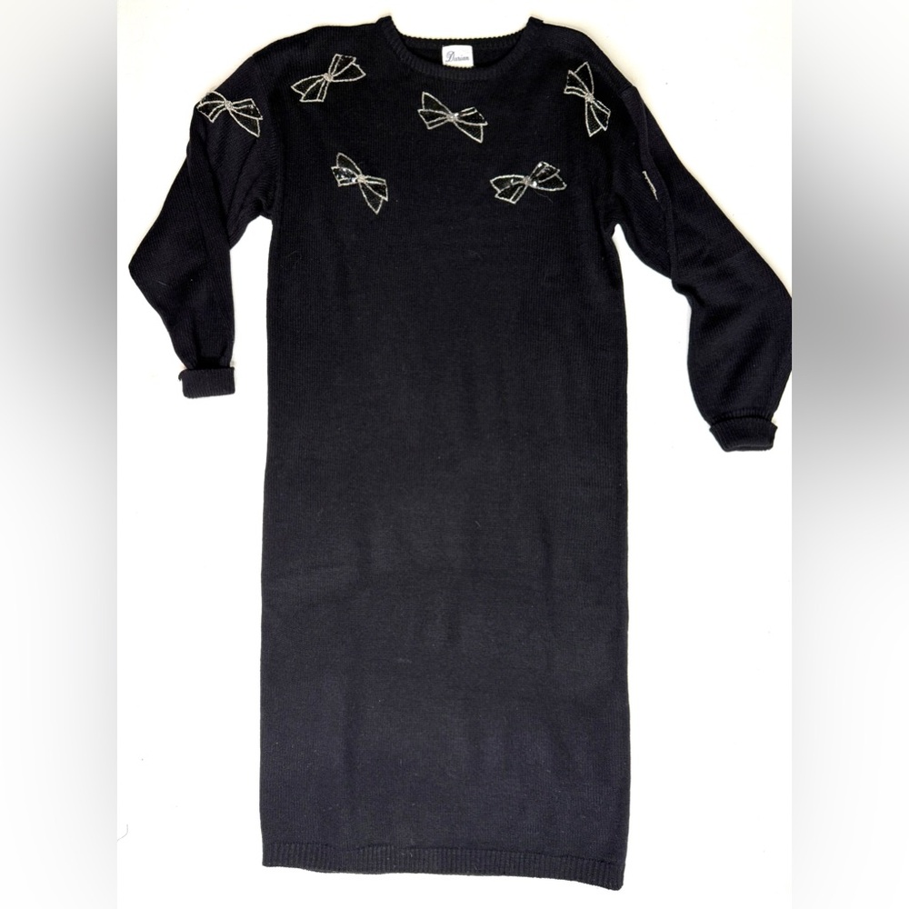 Vintage Darian Black Knit Sweater Dress with Silver Bow Appliqués Size Small